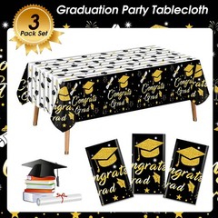 Graduation Tablecloth Party Decorations 2026, 3 Pack Thick Black and Gold 54″x10