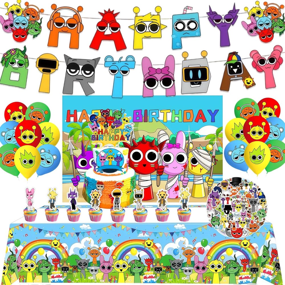 101Pcs Sprunki Birthday Party Decoration Set – 24 Cake Toppers, 18 Balloons, 1 H