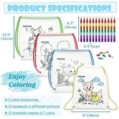 12 PCS colorable drawstring backpack for kids with 12 stackable crayons (7 co…