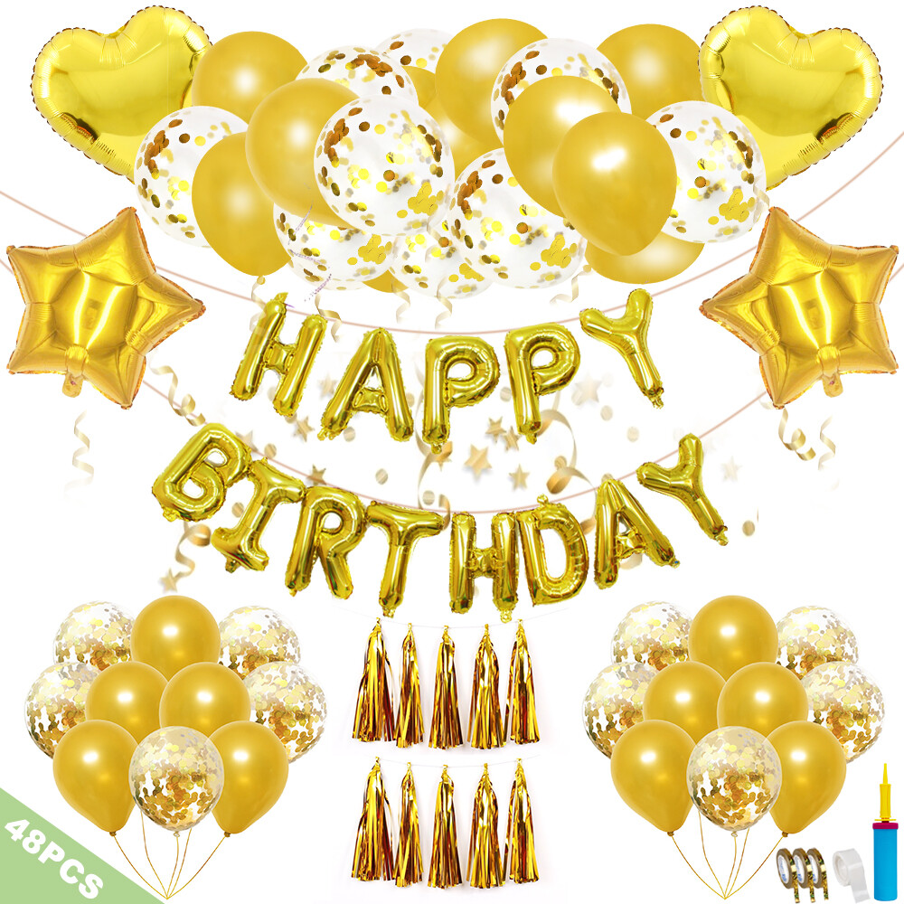 48 PCS Gold Birthday Party Decorations Set with Happy Birthday Balloons Banner