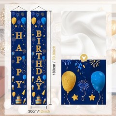Door Banner 12×71 Inch Vertical Hanging Decoration Gold Blue Happy Letter Sig…