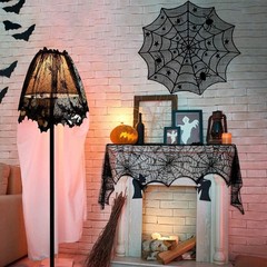 Halloween Decorations Tablecloth Runner Black Lace Bat Fireplace Mantel Scarf