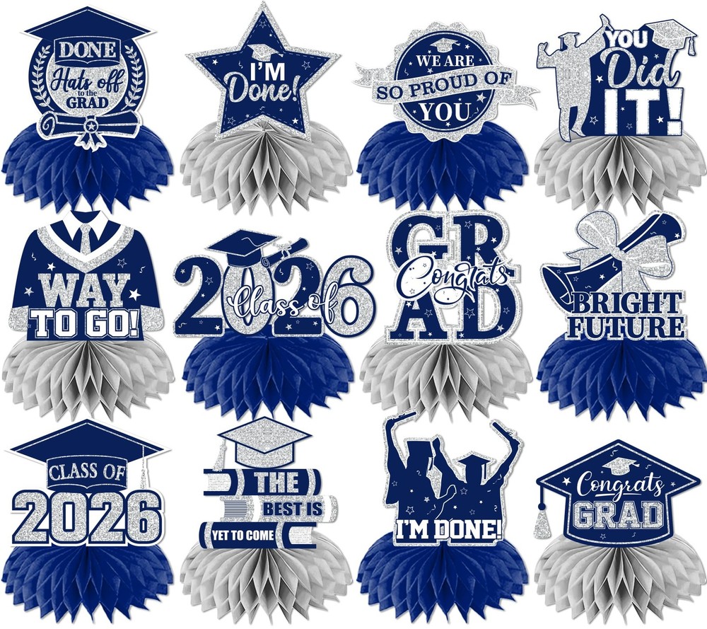 12 PCS Navy Blue Silver Graduation Table Decorations 2026 Centerpieces Decor