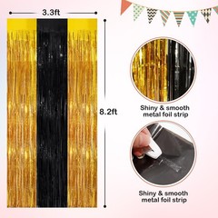 Black Gold Metallic Tinsel Foil Fringe Curtains Streamers 3.3×8.3 Ft 4 Pack