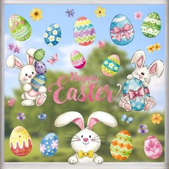Vintage Happy Easter Bunny Egg Window Clings 6 Sheets, Spring Window Decals St..
