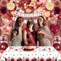 Burgundy Rose Gold Birthday Decorations with Happy Birthday Banner, Balloons, Sa