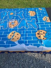 A Cookie Monster Style Birthday Party Decoration Set Backdrop, Banner, Balloons