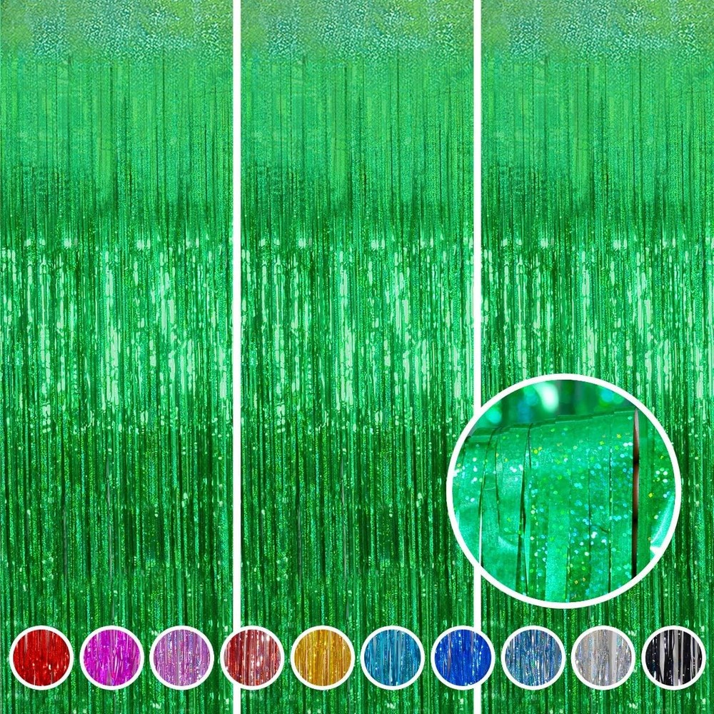 3 Pack Green Foil Fringe Curtain 3.2×8.2FT Shiny Party Backdrop