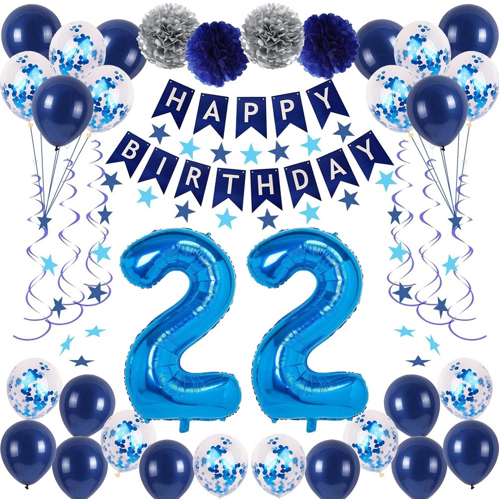 22nd Blue Party Decorations for Boys Girls Men , Happy 22 Balloons Supplies w…