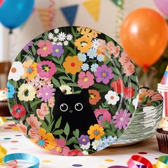 50 Pcs Spring Flower Cat Party Decorations 10″ Floral Cat Paper Plates