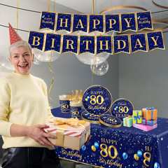 80Th Birthday Decoration Men-142Pcs Navy Blue and Gold Birthday Tableware Set(Se