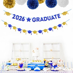 Navy-Blue White-Gold Party-Decoration Graduation Banner – 8Pcs Kits Cap Garland
