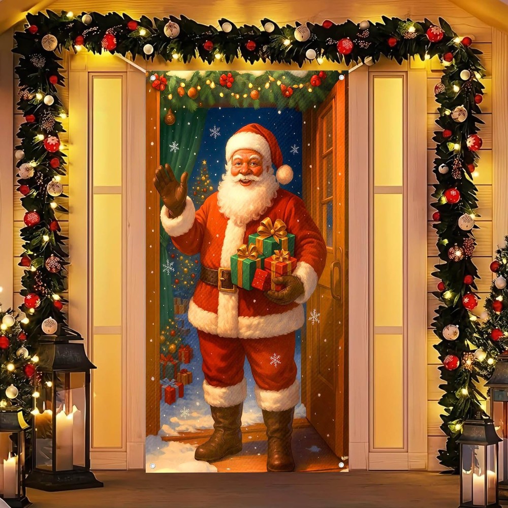 Merry Christmas Door Cover 71×35 Inch Front Porch Door Banners Decoration Win…