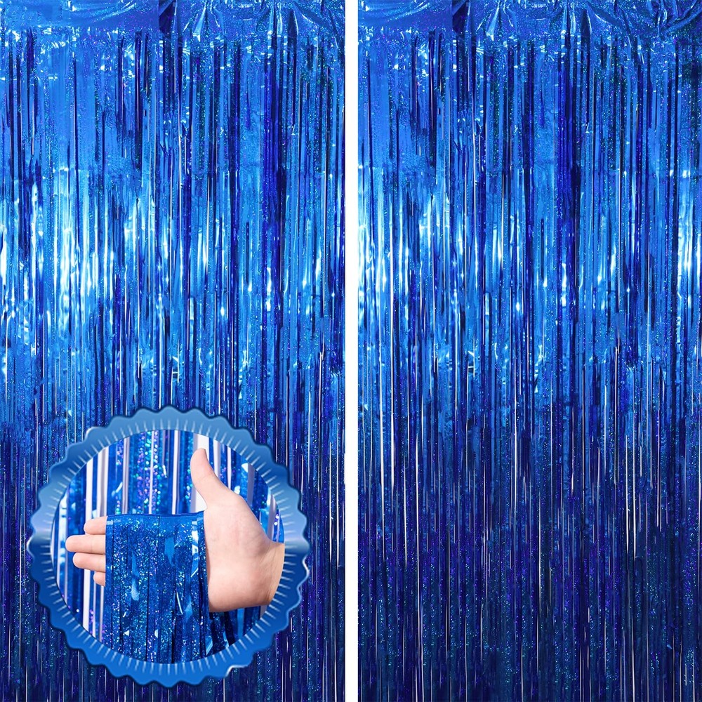 2 Pack Blue Tinsel Foil Fringe Curtains Metallic Party Streamers Backdrop