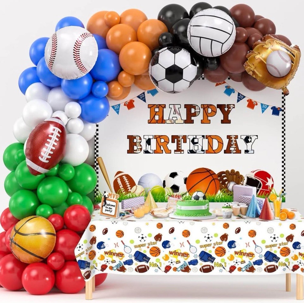 Sports Birthday Party Decorations, 130pcs – Balloons, Tablecloth, Backdrop
