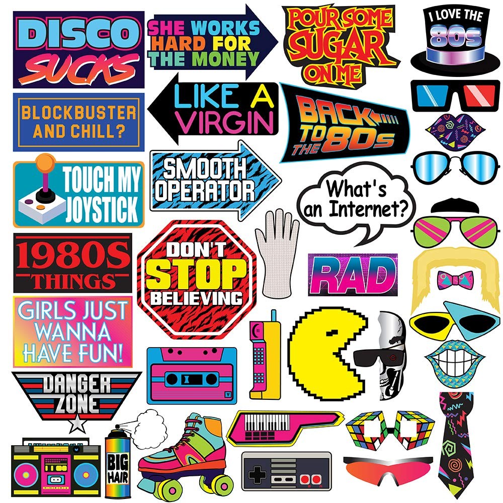 Retro 80s Photo Booth Props – 37 Pieces – Funny 1980s Theme Party Supplies, D…
