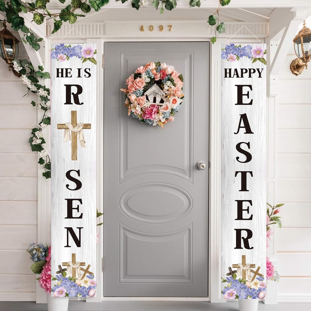 Easter Decorations Outdoor Happy Easter&He is Risen Porch Sign Banner Religious
