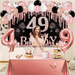49th Birthday Decorations Set – 49pcs Black & Rose Gold Banner, Sash, Cake Toppe