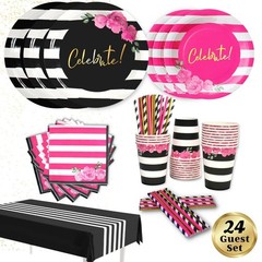 121 Pc Black and Pink Birthday Decorations – Disposable Tableware Set – Serve…