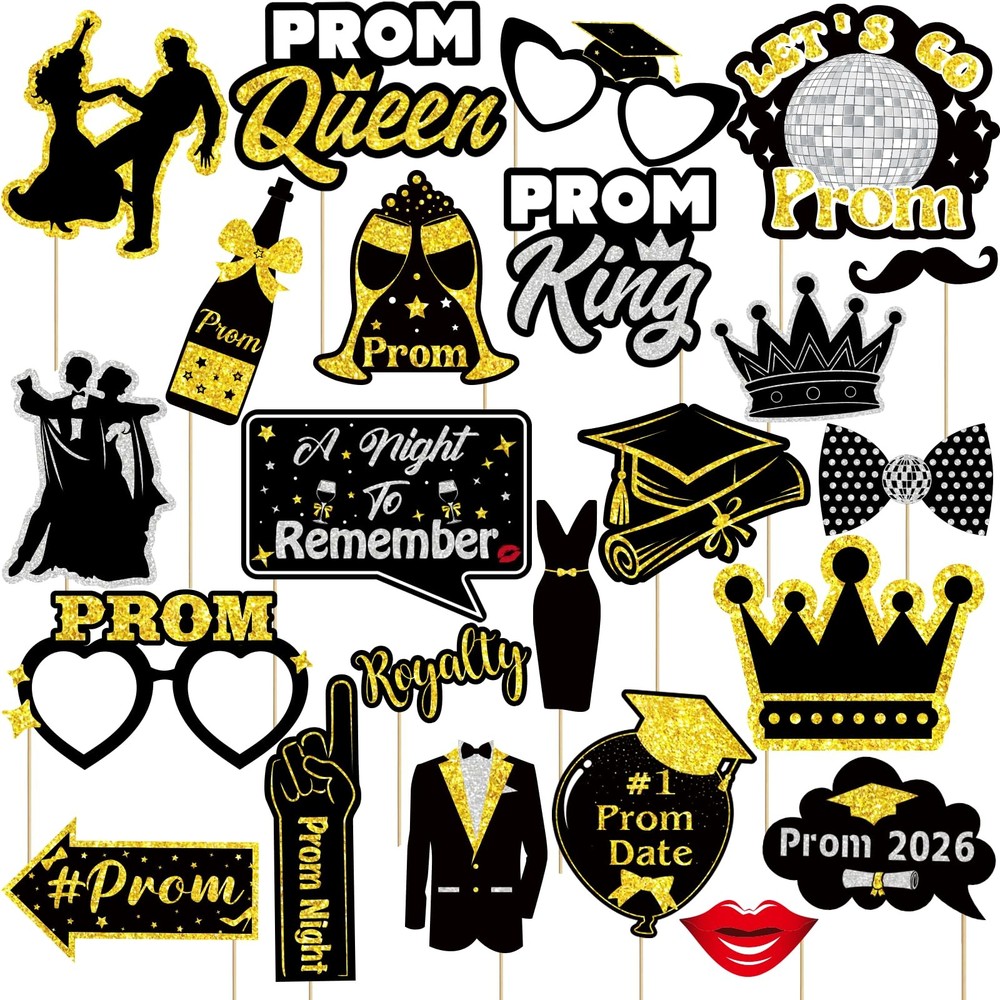 23 PCS Black Gold Prom Photo Booth Props Kit 2026 Graduation Party Decor Use