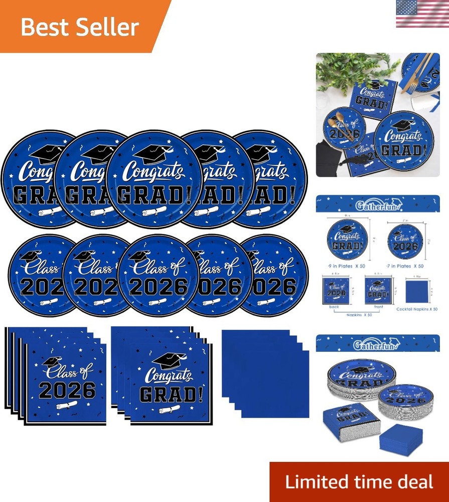 2026 Graduation Party Essentials – Blue Disposable Plates & Napkins Set for 50