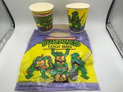 1989 TMNT Birthday Supplies 2 Cups & 1″ Loot Bag» Teenage Mutant Ninja Turtles