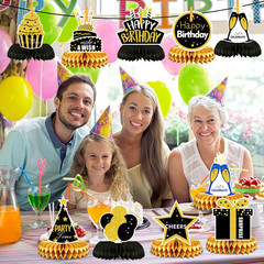 9 Pieces Birthday Table Decorations, Black and Gold Happy Birthday Honeycomb Cen
