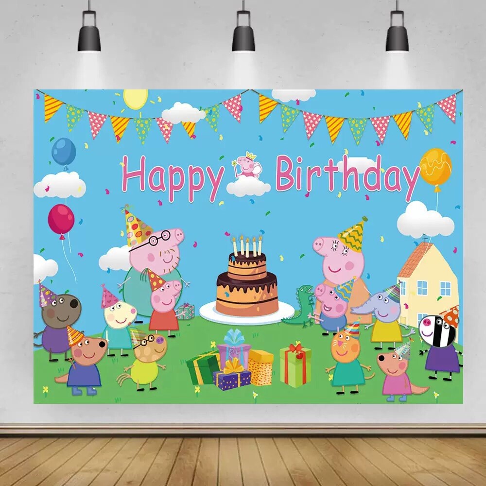 Peppa Pig Theme Happy Birthday Backdrop Kids Birthday Party Decoration 5×3.5ft