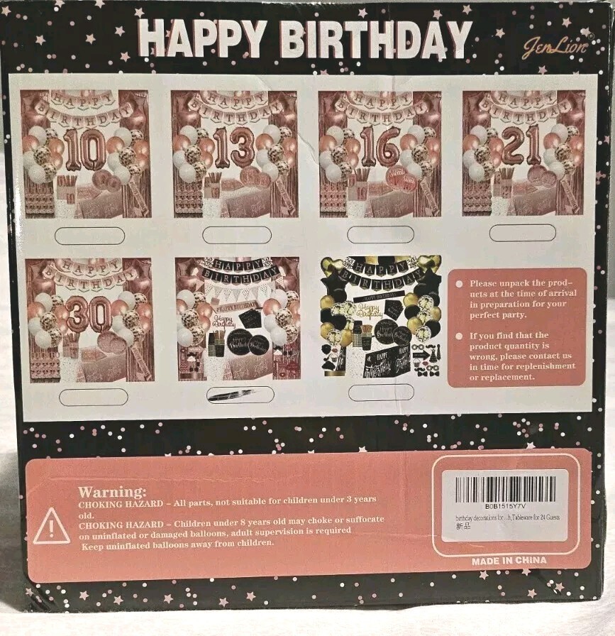 HAPPY Birthday Decorations BOX JENLION, Rose- Gold- BLACK – 170Pcs FOR 24 GUESTS