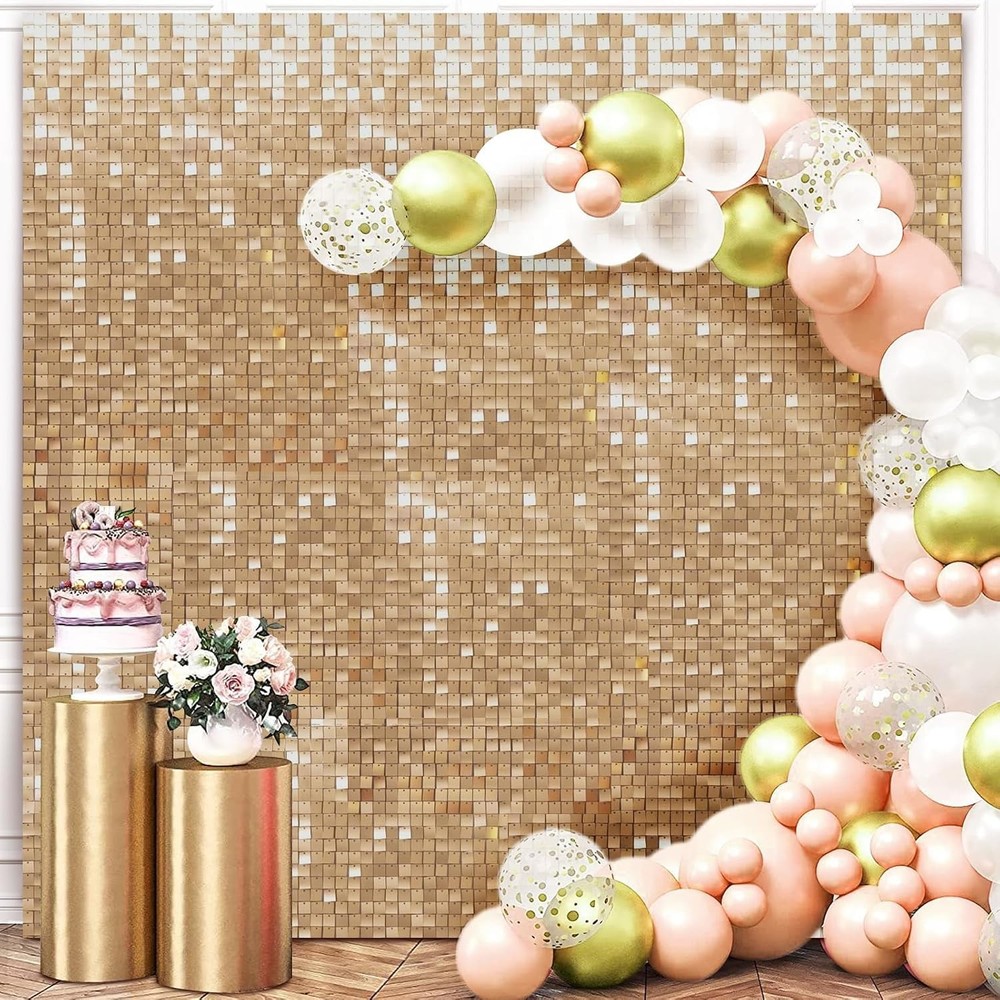Champagne Gold Shimmer Wall Backdrop, 30cm*30cm*24 Pcs Square Sequin Panels, Lig