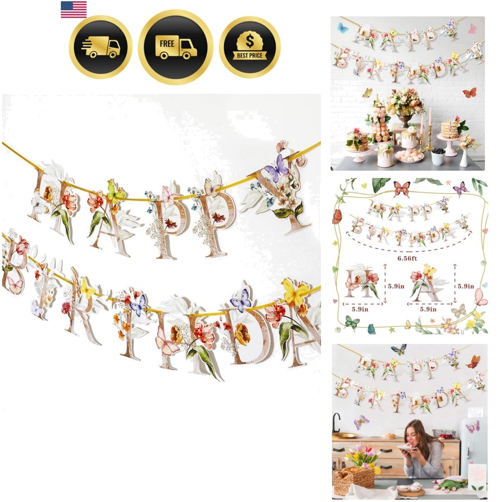 Flower Butterfly Happy Birthday Banner, Boho Groovy Floral and Butterflies Bd…