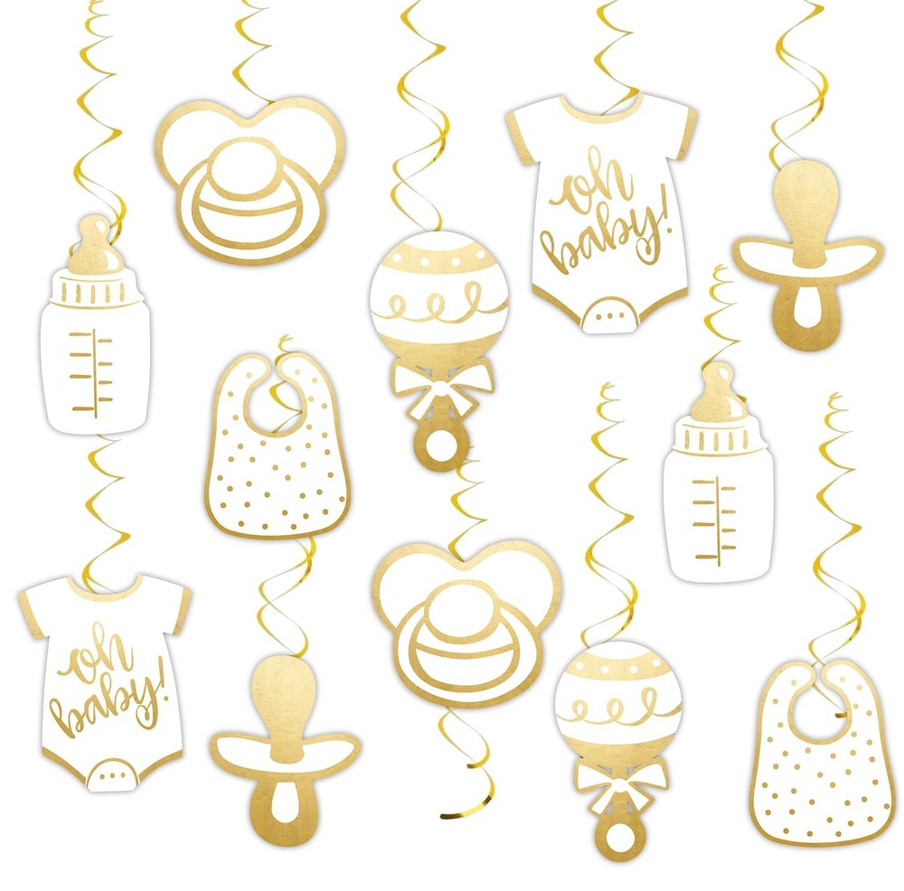 12 PCS Swirl Hanging Decorations Neutral Gold Oh Baby Shower Party Supplies