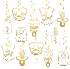 12 PCS Swirl Hanging Decorations Neutral Gold Oh Baby Shower Party Supplies