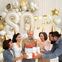 80th Birthday Decorations Kit – White Gold Balloon Arch, Number 80 Foil Balloons