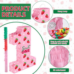Strawberry Birthday Decorations, Sweet One Number 1 Pinata with Stick Blindfold