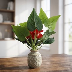 Artificial for Red Hot Poker Plant with Green Leaves for Table Centerpiece