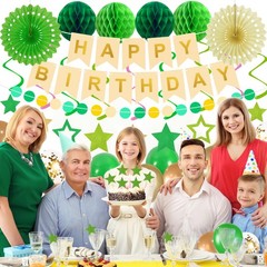 79Pcs Birthday Decorations Happy Birthday Banner Green Gold Balloons Paper F…