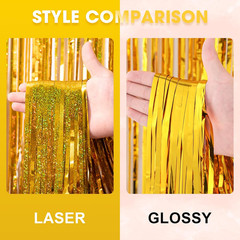 Voircoloria 3 Pack 3.3 x 8.2 ft Laser Gold Foil Fringe Backdrop Curtains, Tinsel