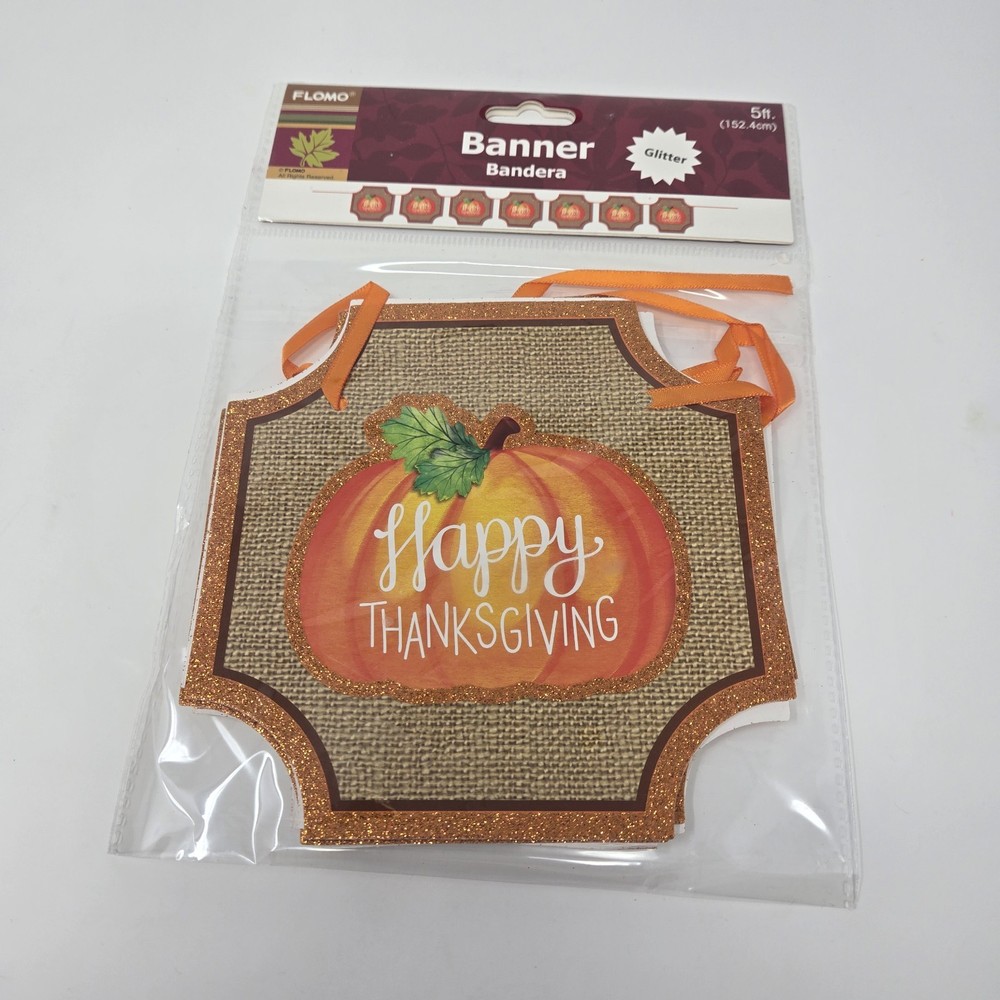 Happy Thankgiving Fall Pumpkins With Glitter accents 5 ft Banner Decoration 