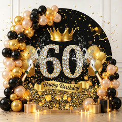 60th Birthday Crown Champagne Round Backdrop Cover Banner Photo Background