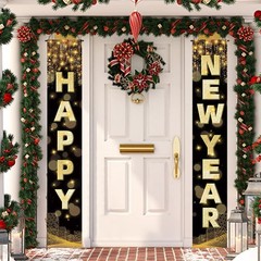 Labeol Happy New Year Banner, 72 x 12 Inch Large 72 x 12 Inch, Black and Gold