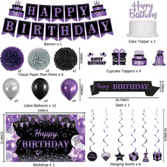 Purple Birthday Party Decorations Set | Happy Birthday Banner & Sash, Balloons P
