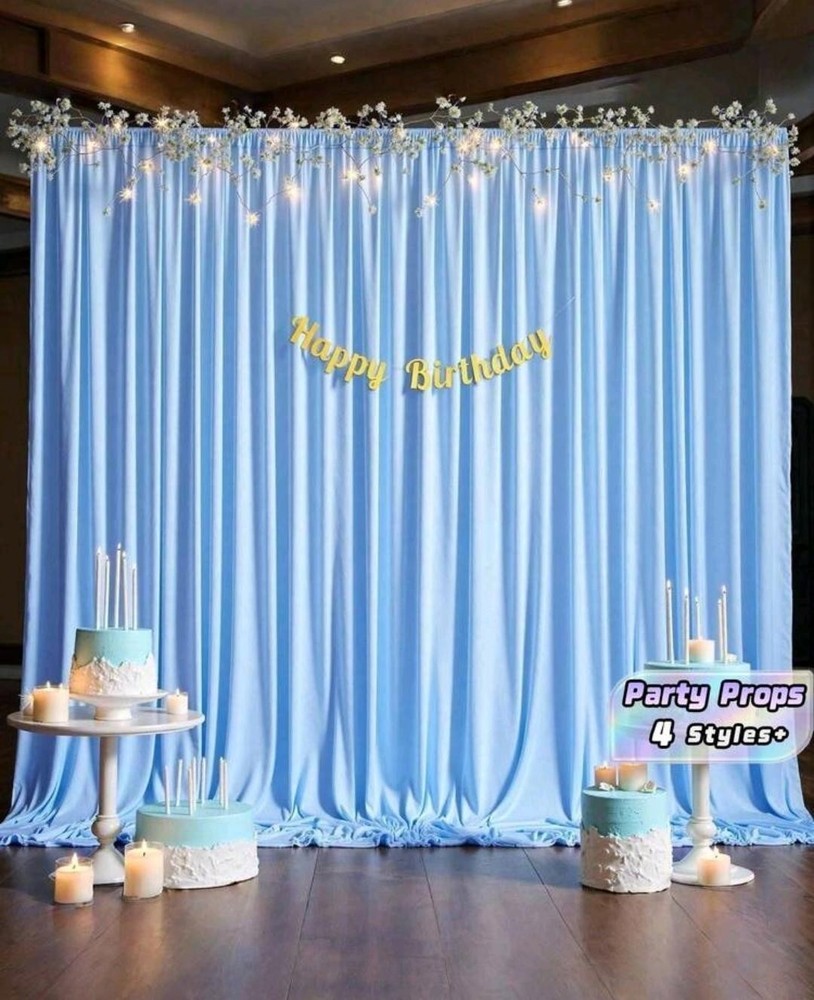 Blue Fabric Solid Party Backdrop Curtain with Happy Birthday Banner for Birthday