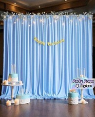 Blue Fabric Solid Party Backdrop Curtain with Happy Birthday Banner for Birthday