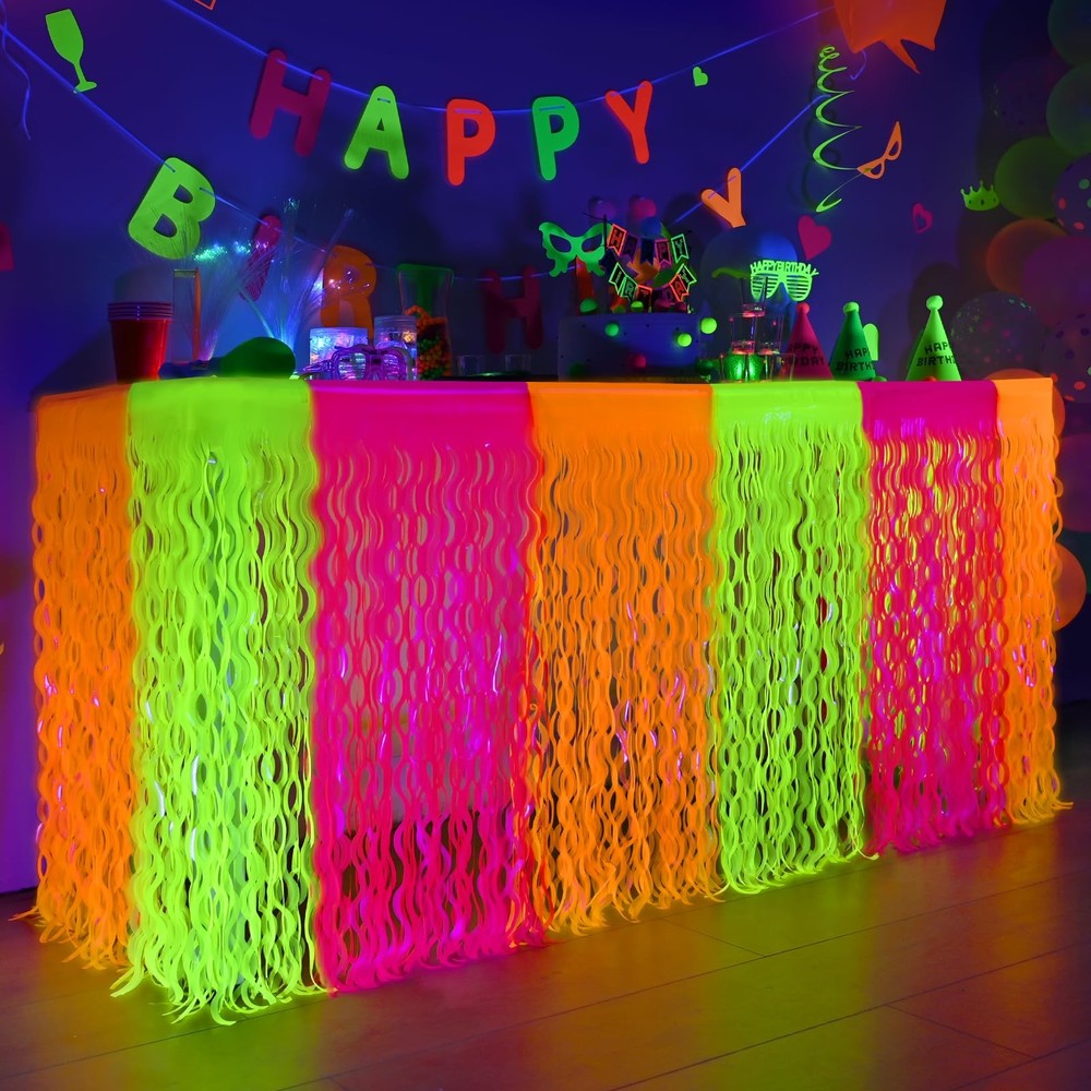 Neon Party Decorations 2 Pack Metallic Tinsel Fringe Table Skirts