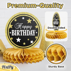 Happy Birthday Table Decoration Centerpieces – 9 Pieces, Black & Gold – Double-S