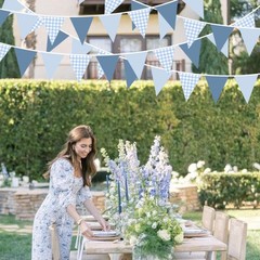 32Ft Dusty Blue Party Decorations Blue Gingham Triangle Banner Flag Pennant F…