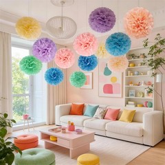 15 PCS Pastel Paper Tissue Pom Poms Macaron Rainbow Candy Easter Flowers Decor