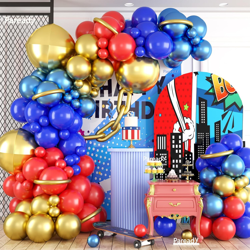 Red Blue Gold Balloon Garland Kit, 120Pcs Royal Blue Red Arch Kit with Gold 4D F