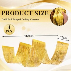 4 PCS 15ft Metallic Gold Foil Ceiling Fringe Curtain Bachelorette Party Decor